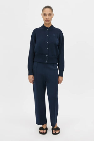 Amedeo Knit Jacket Dark Navy by camilla and marc – bomber style knit jacket with embroidered monogram and concealed buttons.