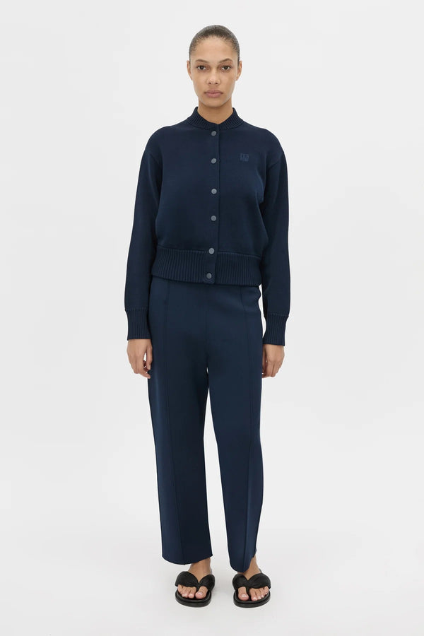 Amedeo Knit Jacket Dark Navy by camilla and marc – bomber style knit jacket with embroidered monogram and concealed buttons.