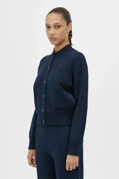 Amedeo Knit Jacket Dark Navy by camilla and marc – bomber style knit jacket with embroidered monogram and concealed buttons.