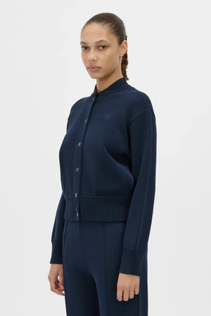 Amedeo Knit Jacket Dark Navy by camilla and marc – bomber style knit jacket with embroidered monogram and concealed buttons.