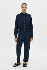 Amedeo Knit Jacket Dark Navy by camilla and marc – bomber style knit jacket with embroidered monogram and concealed buttons.