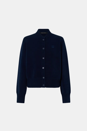 Amedeo Knit Jacket Dark Navy by camilla and marc – bomber style knit jacket with embroidered monogram and concealed buttons.