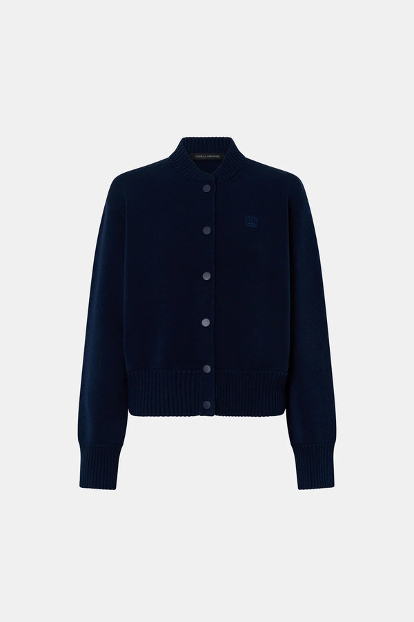 Amedeo Knit Jacket Dark Navy by camilla and marc – bomber style knit jacket with embroidered monogram and concealed buttons.