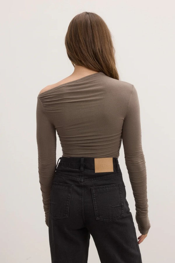 Amelie Top in Mink by Bayse, a long-sleeve stretch top with ruched sleeves and pinched bust detail, ideal for elevated everyday wear.