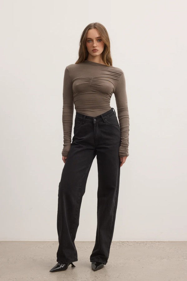 Amelie Top in Mink by Bayse, a long-sleeve stretch top with ruched sleeves and pinched bust detail, ideal for elevated everyday wear.