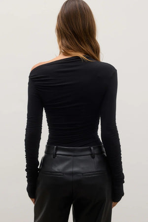 Amelie Top in Shadow by Bayse, a long-sleeve stretch top with ruched sleeves and pinched bust detailing, perfect for elevated everyday styling.