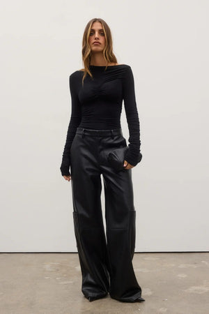 Amelie Top in Shadow by Bayse, a long-sleeve stretch top with ruched sleeves and pinched bust detailing, perfect for elevated everyday styling.