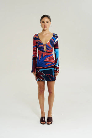 Amie Long Sleeve Mini Dress Bordeaux by Summi Summi - fitted cotton mini dress with long sleeves and print, designed for a flattering feminine silhouette.