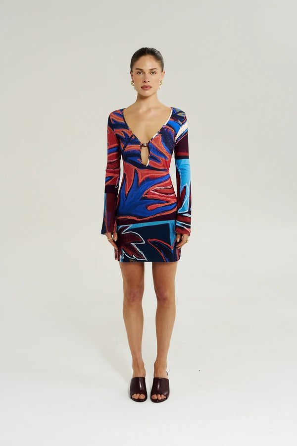 Amie Long Sleeve Mini Dress Bordeaux by Summi Summi - fitted cotton mini dress with long sleeves and print, designed for a flattering feminine silhouette.
