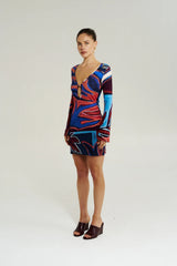 Amie Long Sleeve Mini Dress Bordeaux by Summi Summi - fitted cotton mini dress with long sleeves and print, designed for a flattering feminine silhouette.