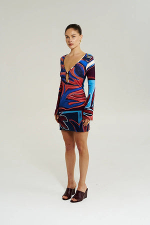 Amie Long Sleeve Mini Dress Bordeaux by Summi Summi - fitted cotton mini dress with long sleeves and print, designed for a flattering feminine silhouette.