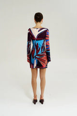 Amie Long Sleeve Mini Dress Bordeaux by Summi Summi - fitted cotton mini dress with long sleeves and print, designed for a flattering feminine silhouette.