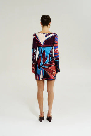 Amie Long Sleeve Mini Dress Bordeaux by Summi Summi - fitted cotton mini dress with long sleeves and print, designed for a flattering feminine silhouette.