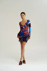 Amie Long Sleeve Mini Dress Bordeaux by Summi Summi - fitted cotton mini dress with long sleeves and print, designed for a flattering feminine silhouette.