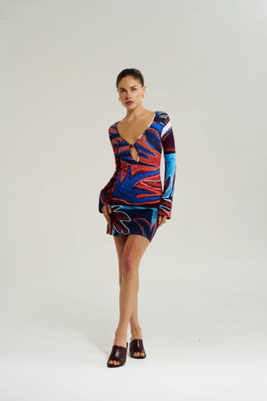 Amie Long Sleeve Mini Dress Bordeaux by Summi Summi - fitted cotton mini dress with long sleeves and print, designed for a flattering feminine silhouette.