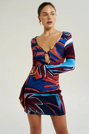 Amie Long Sleeve Mini Dress Bordeaux by Summi Summi - fitted cotton mini dress with long sleeves and print, designed for a flattering feminine silhouette.
