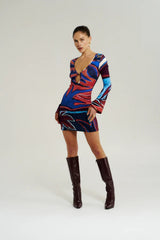 Amie Long Sleeve Mini Dress Bordeaux by Summi Summi - fitted cotton mini dress with long sleeves and print, designed for a flattering feminine silhouette.