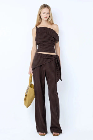 Andre Asym Top in Choc Pinstripe by Bec + Bridge – tailored asymmetric pinstripe top with fitted waist.