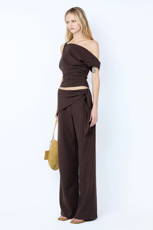 Andre Asym Top in Choc Pinstripe by Bec + Bridge – tailored asymmetric pinstripe top with fitted waist.