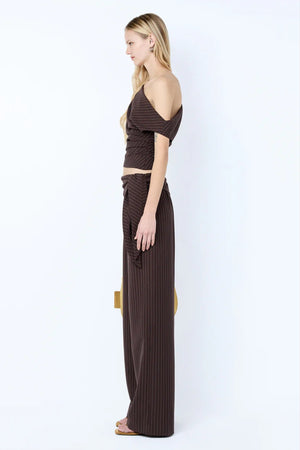 Andre Asym Top in Choc Pinstripe by Bec + Bridge – tailored asymmetric pinstripe top with fitted waist.