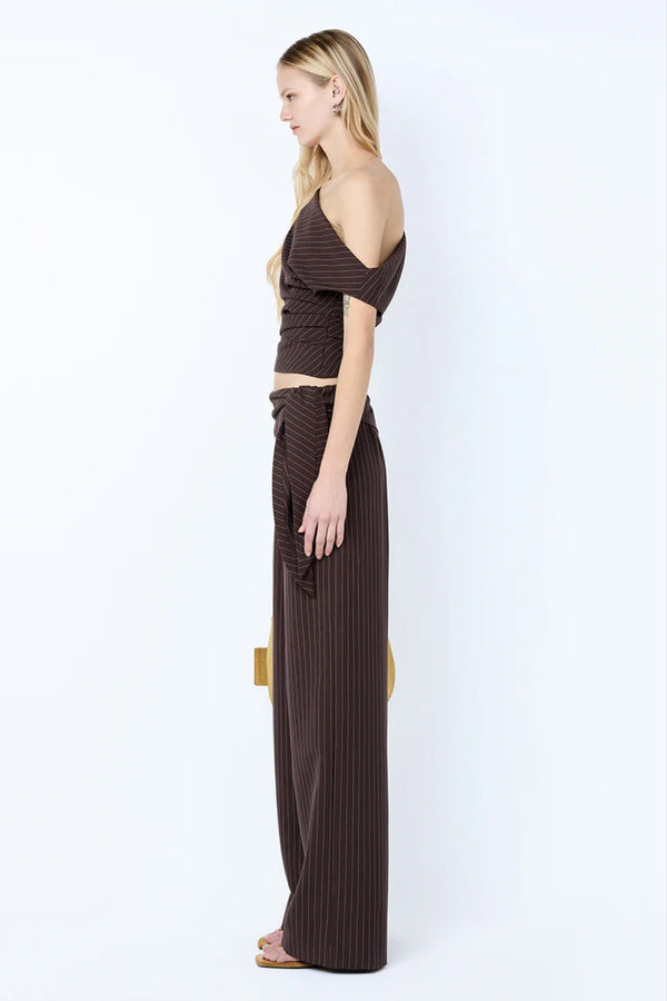 Andre Asym Top in Choc Pinstripe by Bec + Bridge – tailored asymmetric pinstripe top with fitted waist.