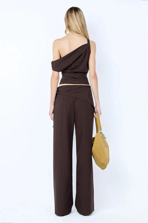 Andre Asym Top in Choc Pinstripe by Bec + Bridge – tailored asymmetric pinstripe top with fitted waist.