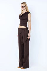 Andre Overlay Pant in Choc Pinstripe by Bec + Bridge – straight leg pinstripe pants with asymmetric tie detail.