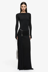 Andrea Long Sleeve Maxi Dress Black by Bec + Bridge – jersey maxi dress with straight neckline and gathered hip drape.