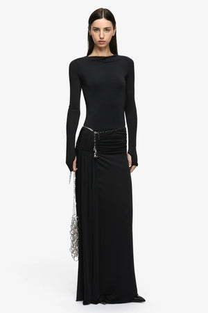 Andrea Long Sleeve Maxi Dress Black by Bec + Bridge – jersey maxi dress with straight neckline and gathered hip drape.