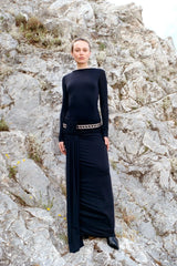 Andrea Long Sleeve Maxi Dress Black by Bec + Bridge – jersey maxi dress with straight neckline and gathered hip drape.