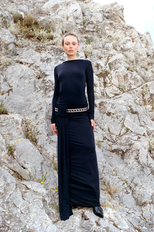 Andrea Long Sleeve Maxi Dress Black by Bec + Bridge – jersey maxi dress with straight neckline and gathered hip drape.