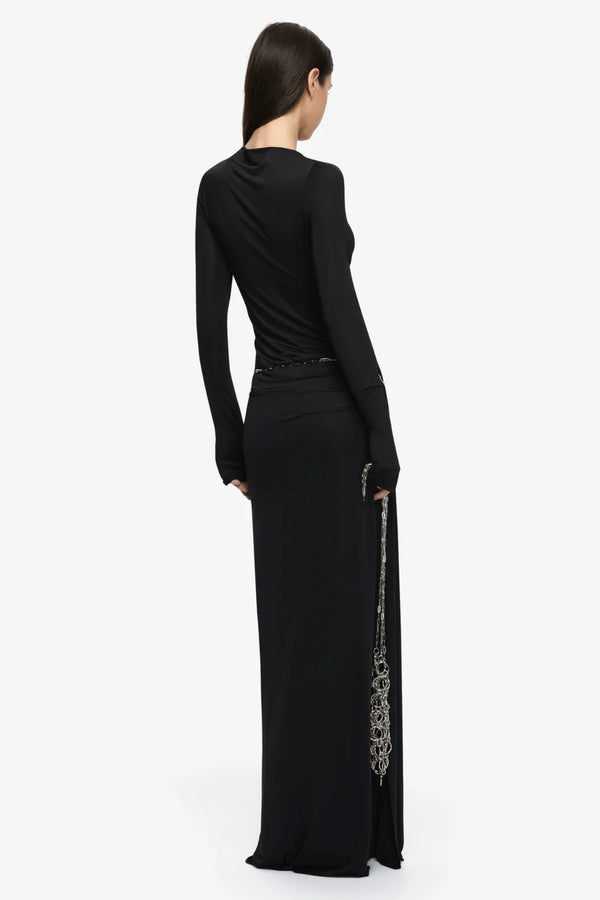 Andrea Long Sleeve Maxi Dress Black by Bec + Bridge – jersey maxi dress with straight neckline and gathered hip drape.