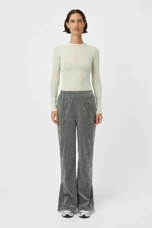 Aneta Velour Track Pant Agave by Camilla and Marc, luxe pintuck velour with side splits, perfect for stylish lounging or weekend errands.