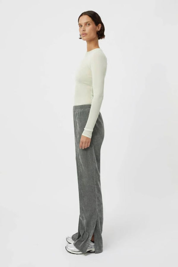 Aneta Velour Track Pant Agave by Camilla and Marc, luxe pintuck velour with side splits, perfect for stylish lounging or weekend errands.