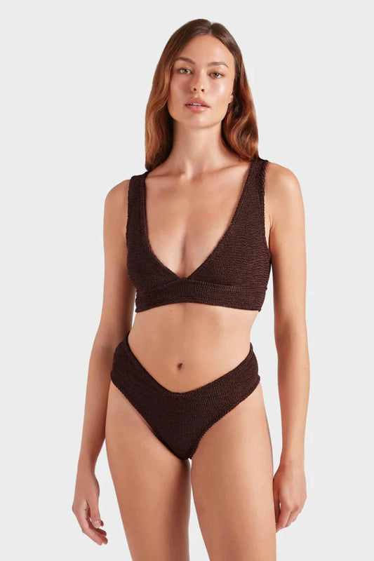 Angel Bikini in Chocolate by Hunza G, supportive halter-style top and contour V-waist briefs in metallic crinkle fabric.