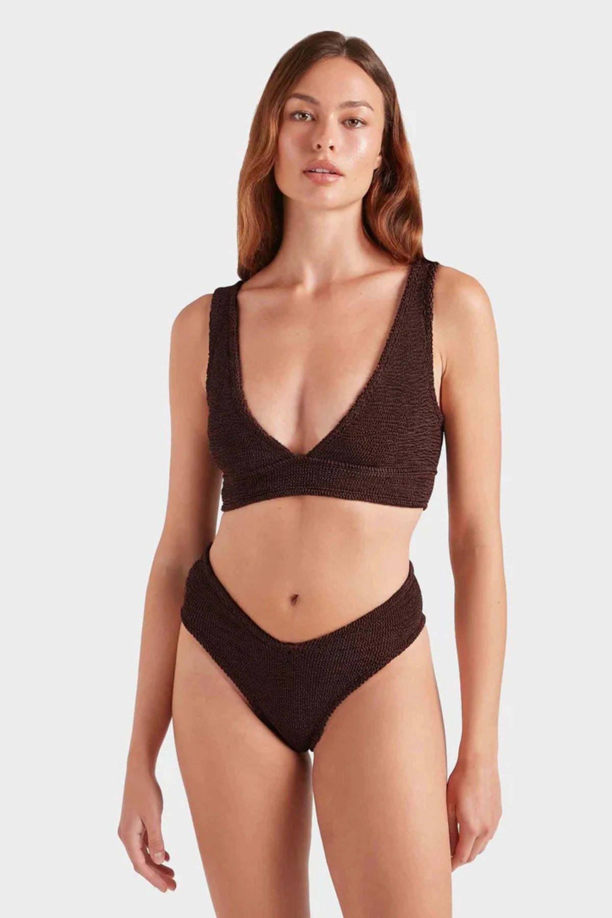 Angel Bikini in Chocolate by Hunza G, supportive halter-style top and contour V-waist briefs in metallic crinkle fabric.