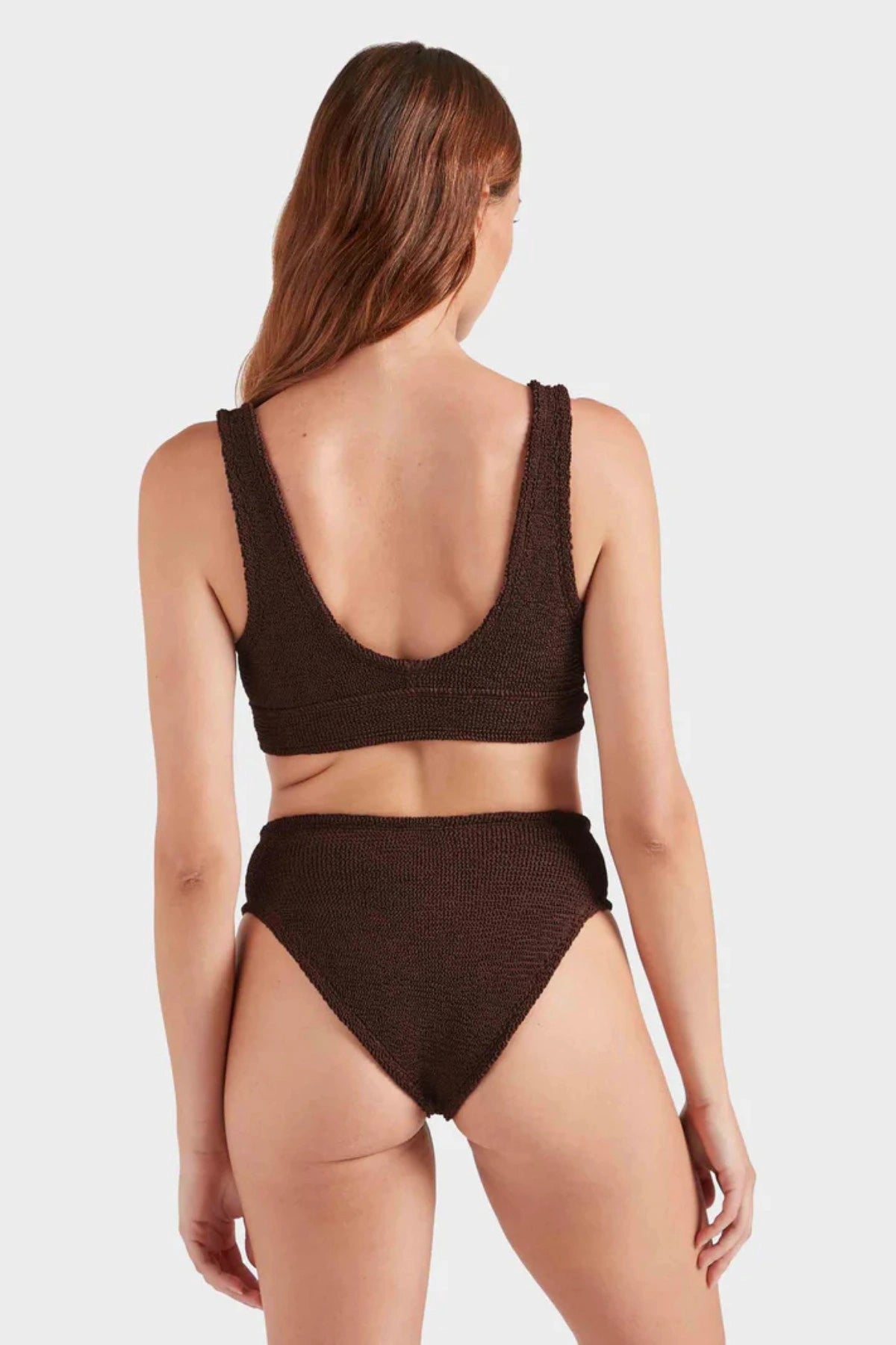 Angel Bikini in Chocolate by Hunza G, supportive halter-style top and contour V-waist briefs in metallic crinkle fabric.