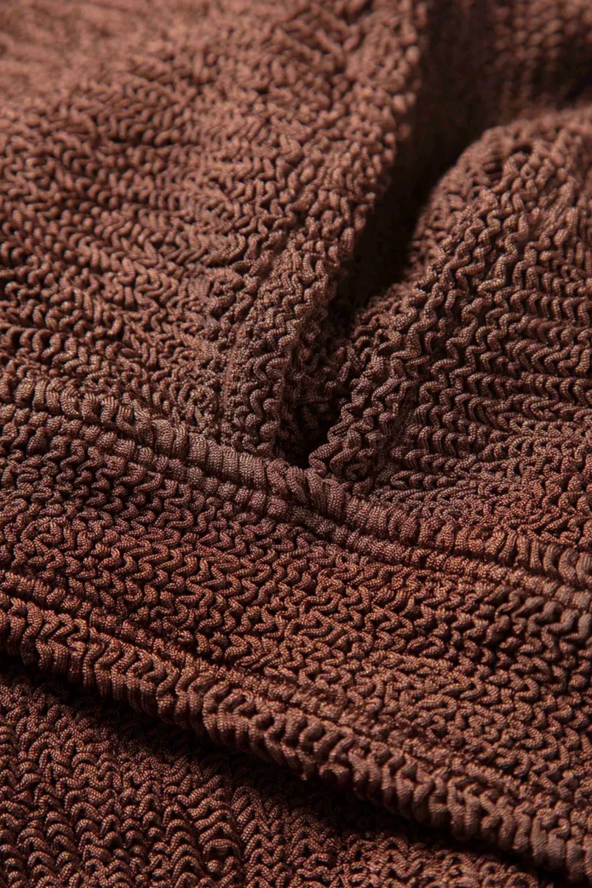 Angel Bikini in Chocolate by Hunza G, supportive halter-style top and contour V-waist briefs in metallic crinkle fabric.