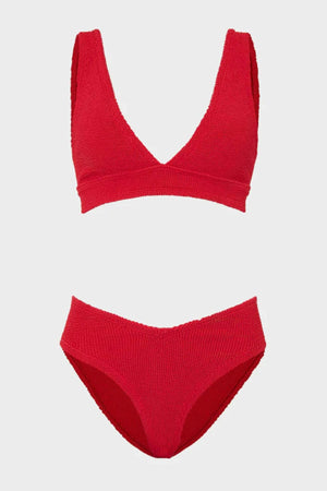 Angel Bikini in Red by Hunza G, supportive underband top and V-waist bottoms in metallic crinkle fabric. Perfect for confident summer days.