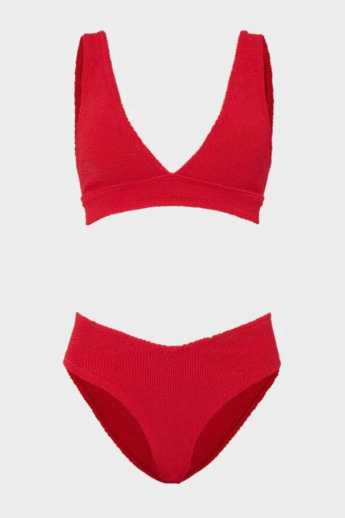 Angel Bikini in Red by Hunza G, supportive underband top and V-waist bottoms in metallic crinkle fabric. Perfect for confident summer days.
