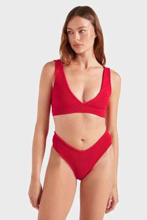 Angel Bikini in Red by Hunza G, supportive underband top and V-waist bottoms in metallic crinkle fabric. Perfect for confident summer days.