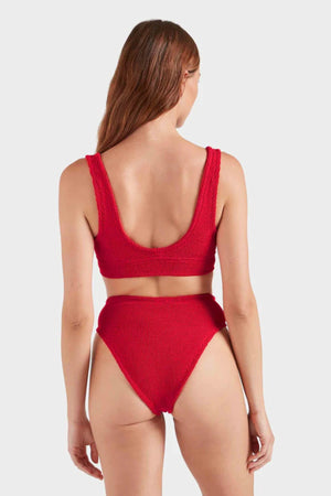 Angel Bikini in Red by Hunza G, supportive underband top and V-waist bottoms in metallic crinkle fabric. Perfect for confident summer days.