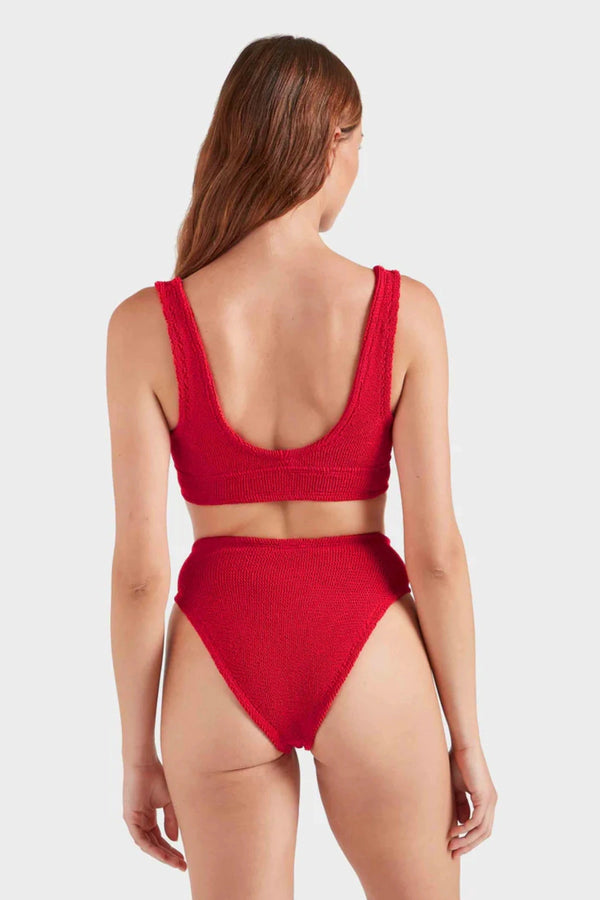 Angel Bikini in Red by Hunza G, supportive underband top and V-waist bottoms in metallic crinkle fabric. Perfect for confident summer days.