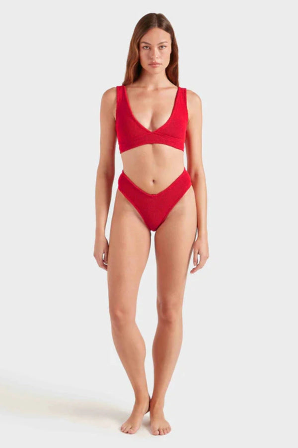 Angel Bikini in Red by Hunza G, supportive underband top and V-waist bottoms in metallic crinkle fabric. Perfect for confident summer days.