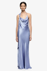 Angelyne Drape Maxi Dress Periwinkle Blue by Bec + Bridge - halter maxi dress with knot detail and backless design, designed for elegant occasion styling.