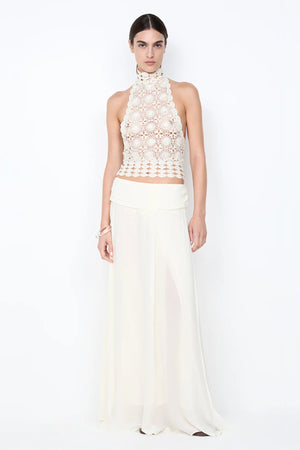 Ania Halter Top Cream by Bec and Bridge, a sheer crochet halter with low back and delicate neck band for elevated resort styling.