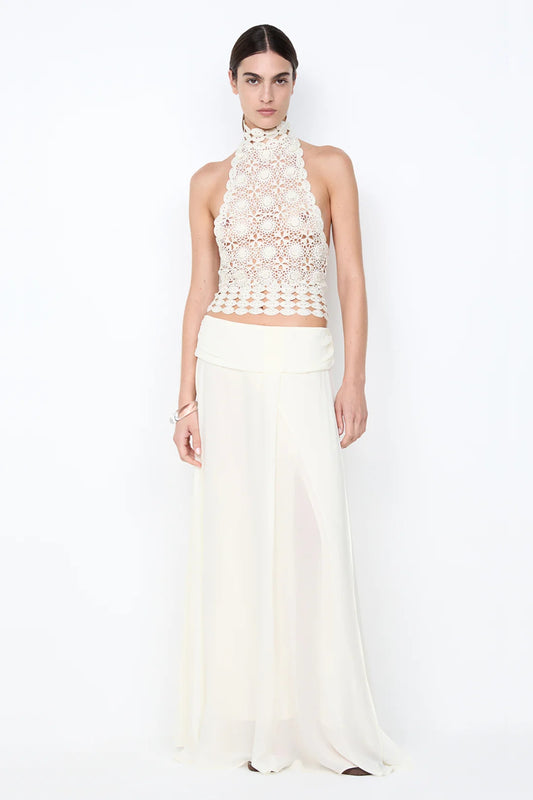Ania Halter Top Cream by Bec and Bridge, a sheer crochet halter with low back and delicate neck band for elevated resort styling.