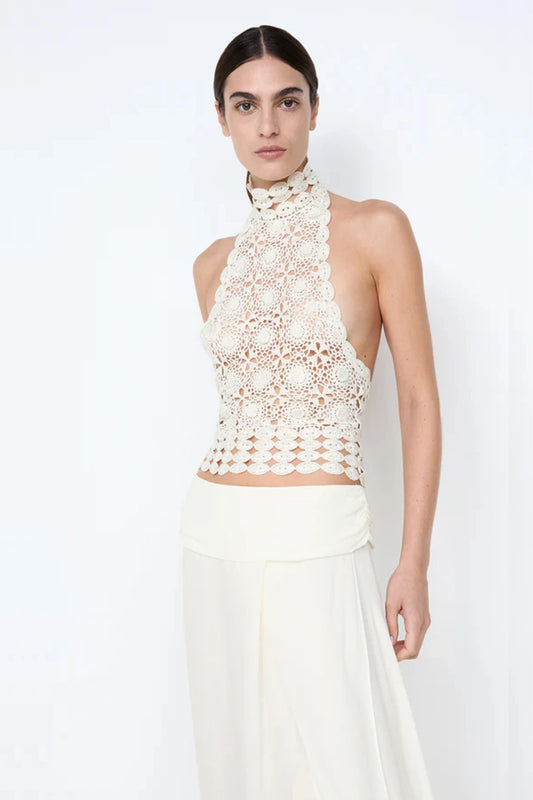 Ania Halter Top Cream by Bec and Bridge, a sheer crochet halter with low back and delicate neck band for elevated resort styling.