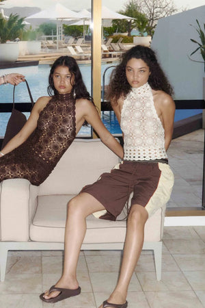 Ania Halter Top Cream by Bec and Bridge, a sheer crochet halter with low back and delicate neck band for elevated resort styling.