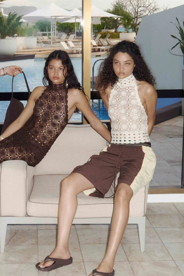 Ania Halter Top Cream by Bec and Bridge, a sheer crochet halter with low back and delicate neck band for elevated resort styling.